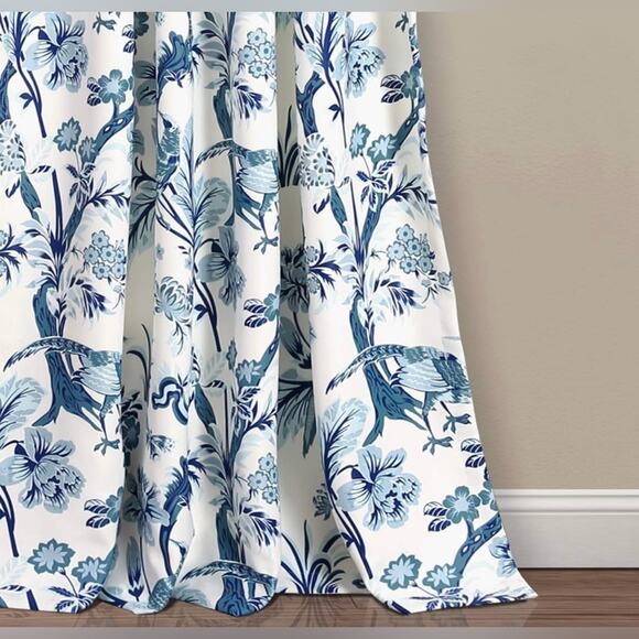 Lush Decor Blue Floral Bird Toile Print Light Filtering Curtains 52”W x 84”L NWT - Picture 8 of 13